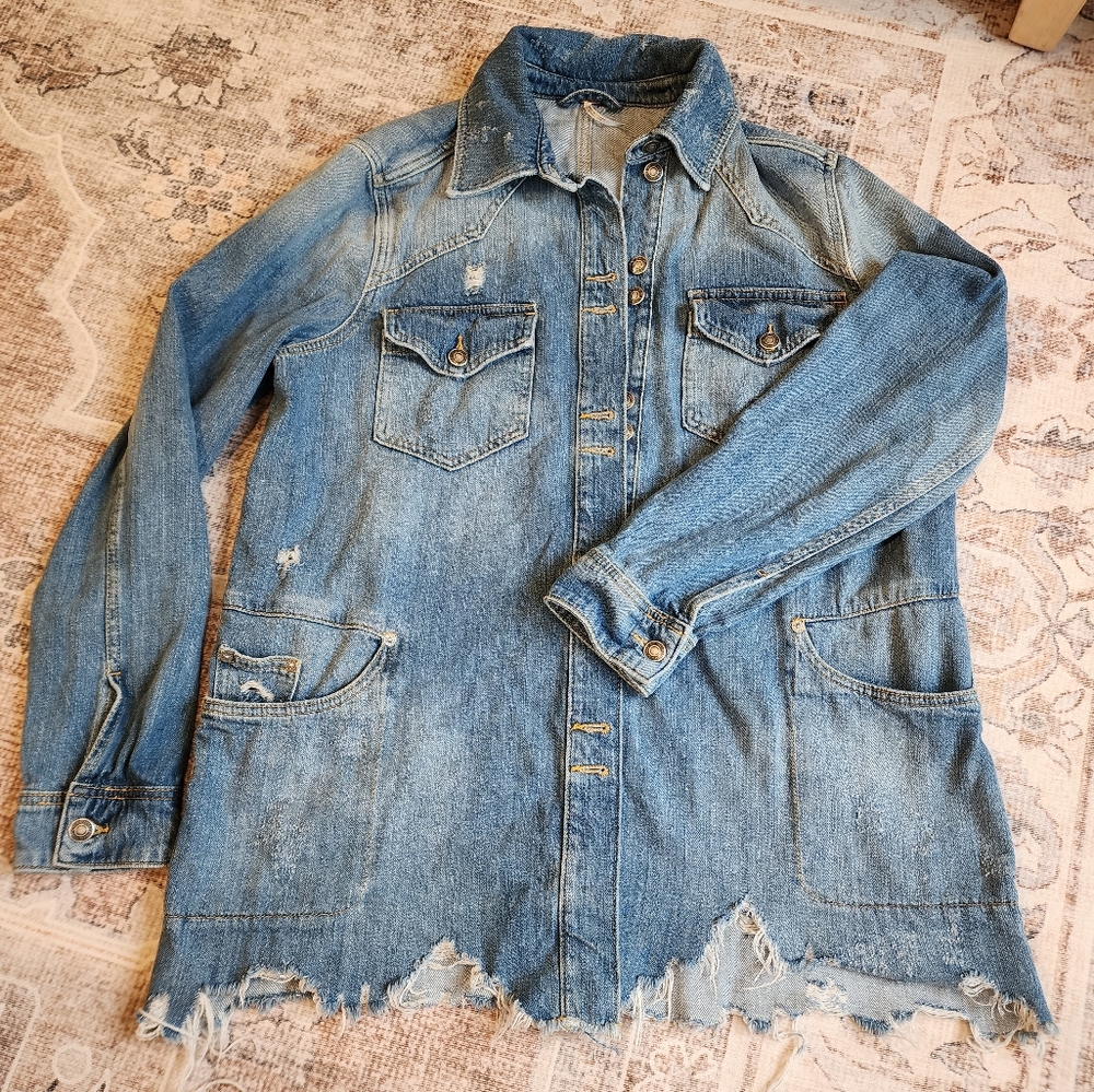 Free People Light Blue Distressed Denim Jacket